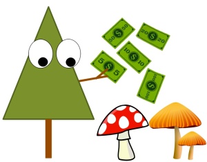Tree distributing money to fungi